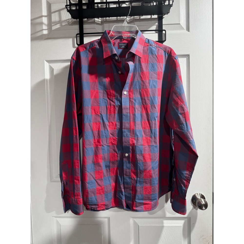 UNTUCKit Mens Large Red Blue Buffalo Check Cotton Button Down Long Sleeve Shirt